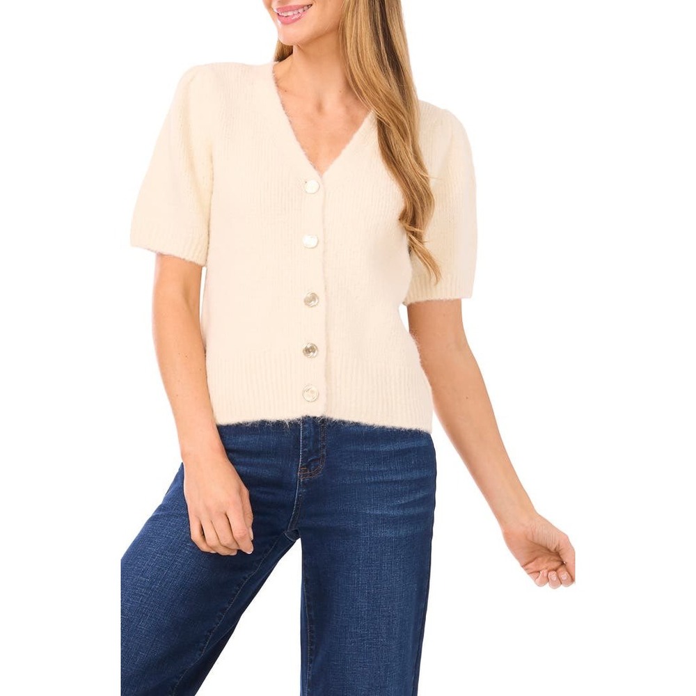 CeCe Womens XL Hairy Puff  Short Sleeve Button‎ Front V-Neck Cardigan Sweater